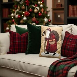 Vintage Santa Holiday Pillow with Red and Cream Accents